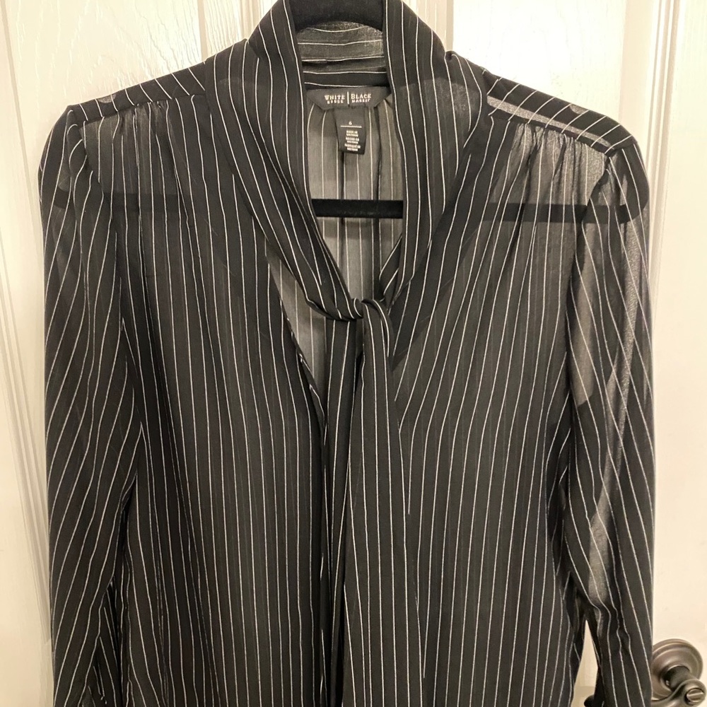 Sheer pinstripe blouse with neck tie
